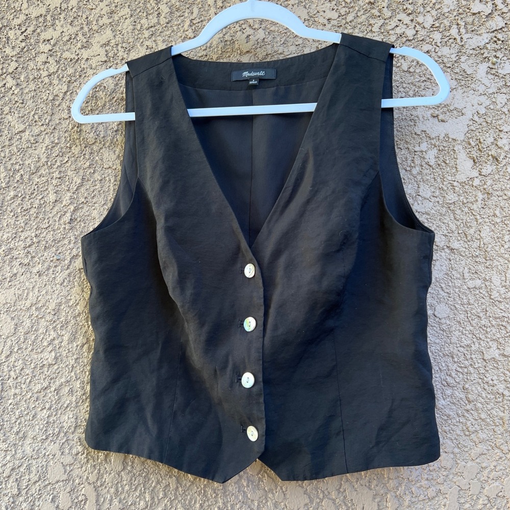 Madewell Katrina Button Front Vest 6 Black Linen Blend Workwear Dark Academia